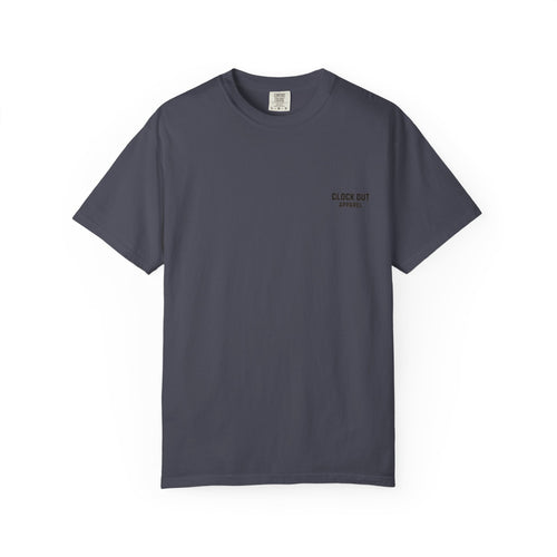 Clock Out T-Shirt — "Clock Out Apparel" Back Graphic (Different Jobs, Same Goal)