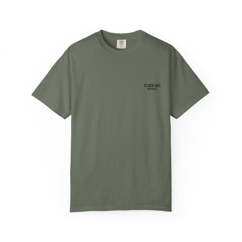 Clock Out T-Shirt — "Clock Out Apparel" Back Graphic (Different Jobs, Same Goal)
